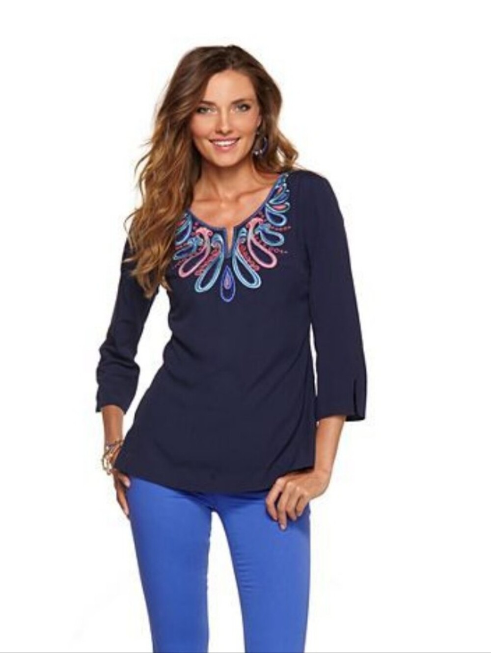 Lilly Pulitzer Navy Tunic with Pink & Blue Embroidered Neckline